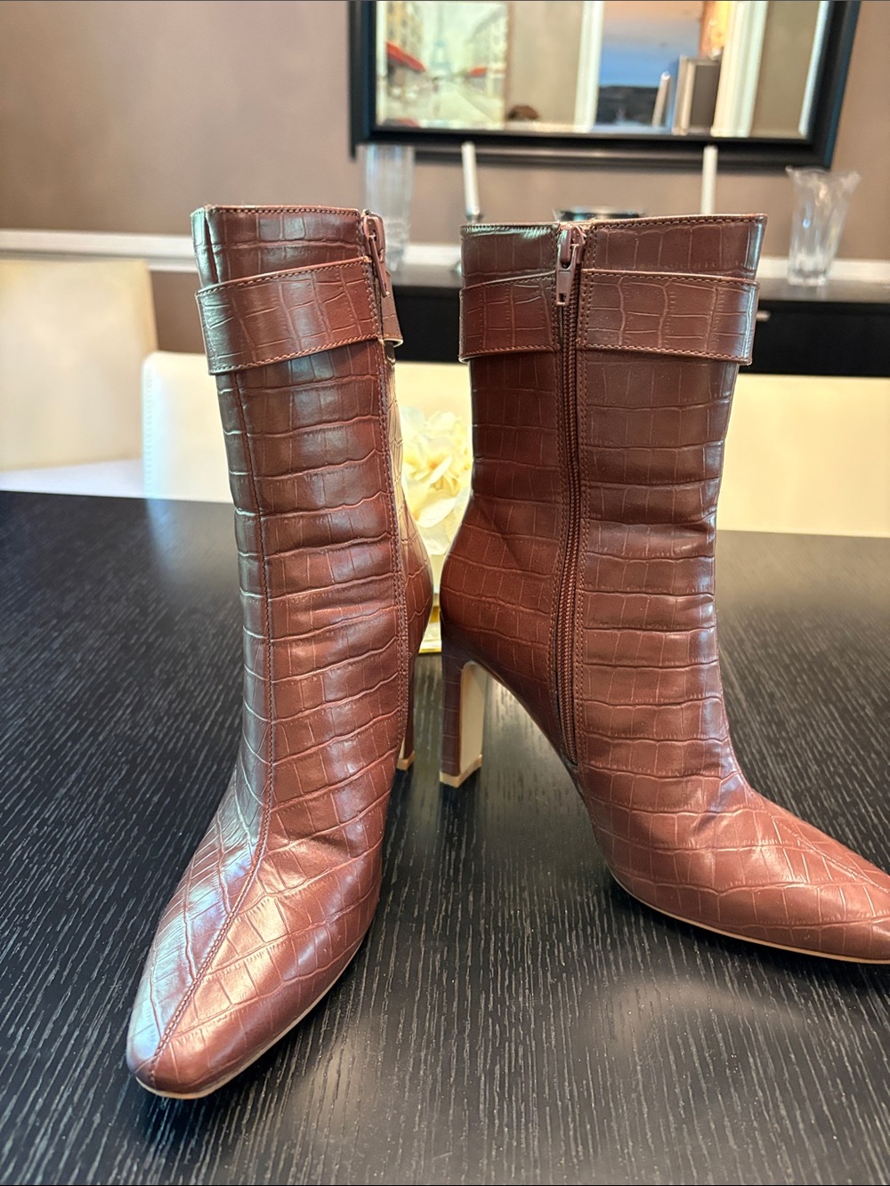 Croc-Embossed Brown High Heel Ankle Boots